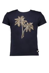 Le Chic Navy Blue Palm Tree Embroidery Organic Cotton T-Shirt